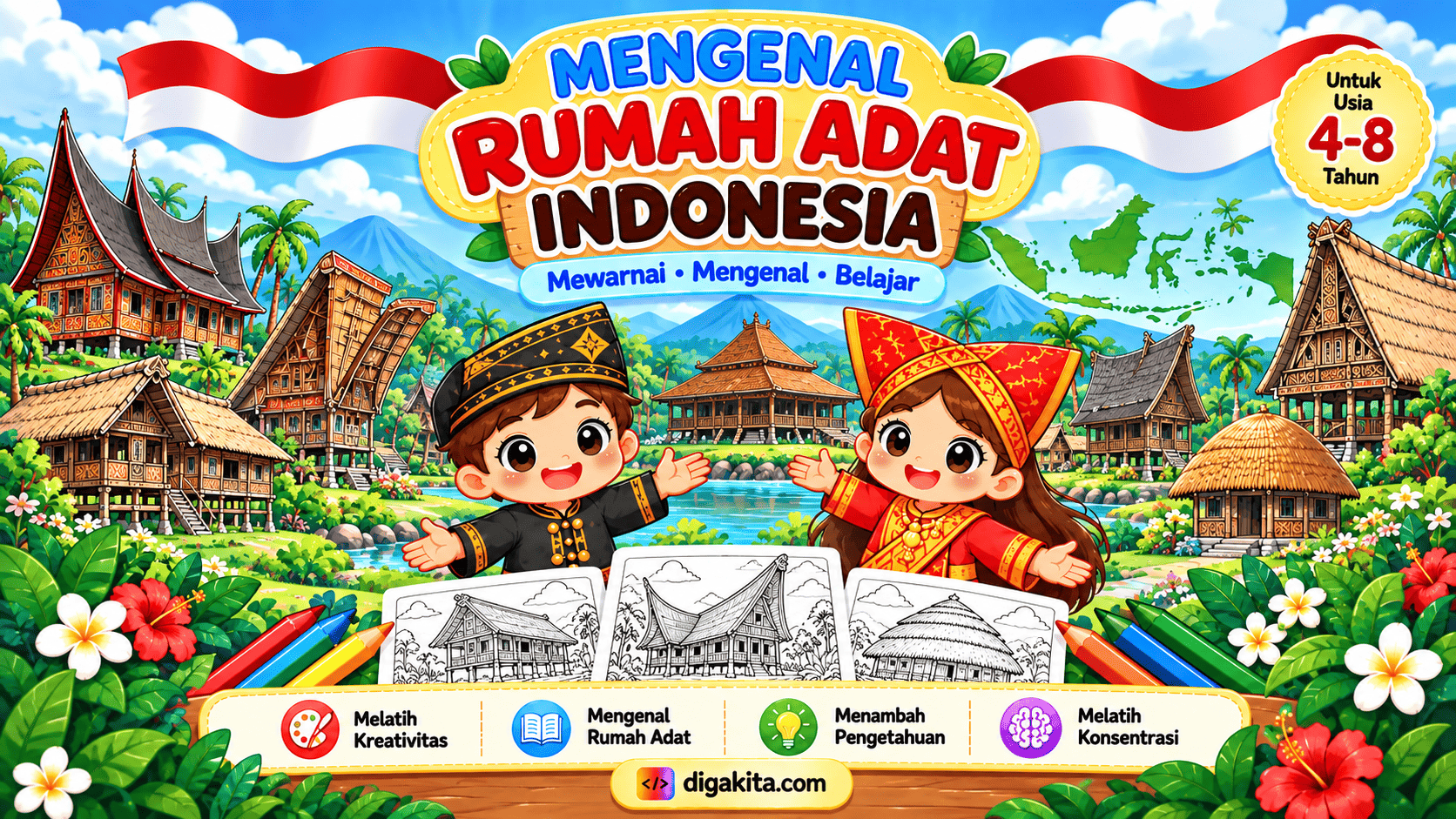 Mengenal Rumah Adat Indonesia – Buku Mewarnai Anak Usia 4–8 Tahun | 10 Rumah Tradisional Nusantara