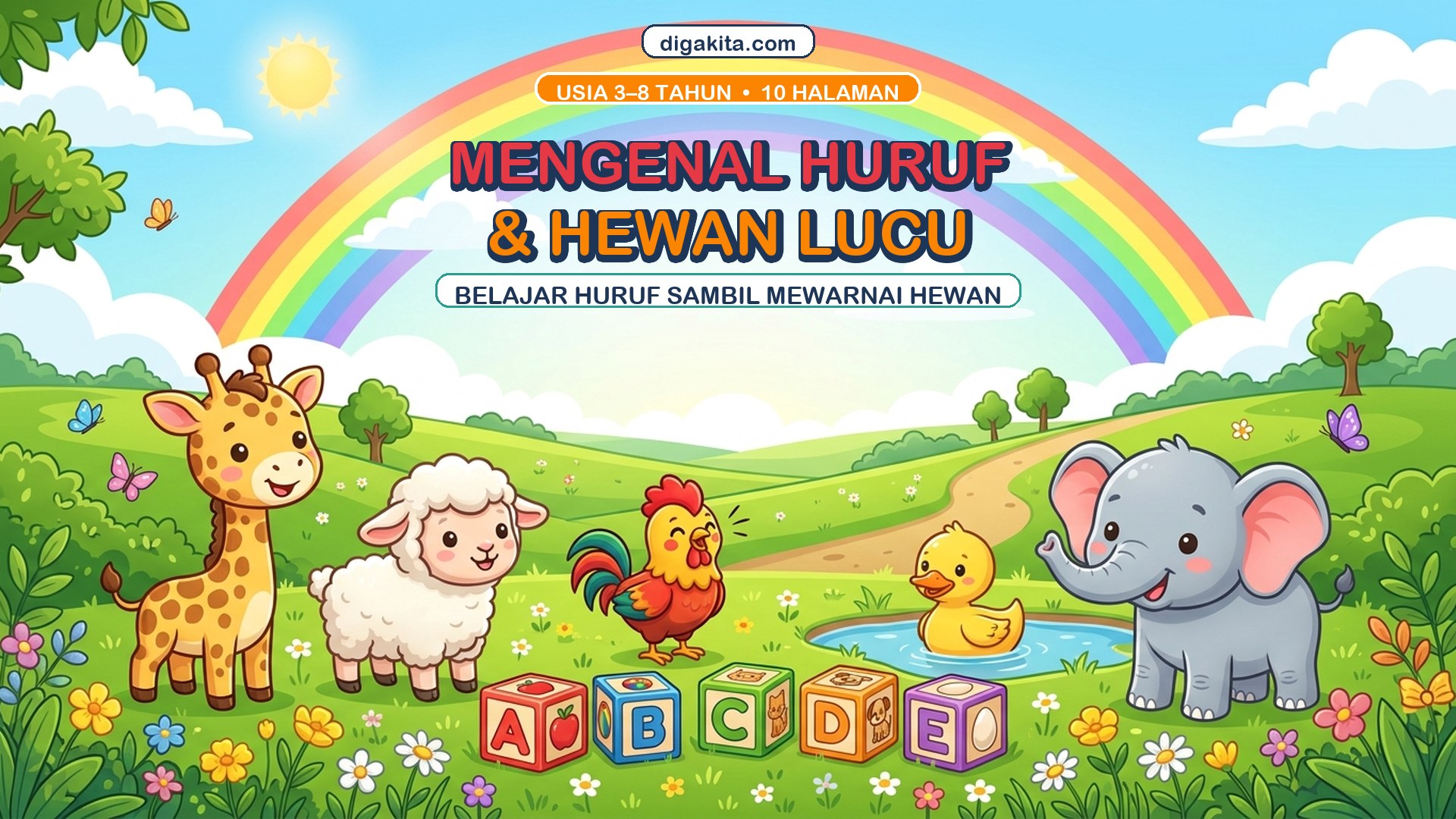 Buku Mewarnai & Belajar Huruf Anak – Mengenal Huruf A–J dan Hewan Lucu | 10 Halaman PDF