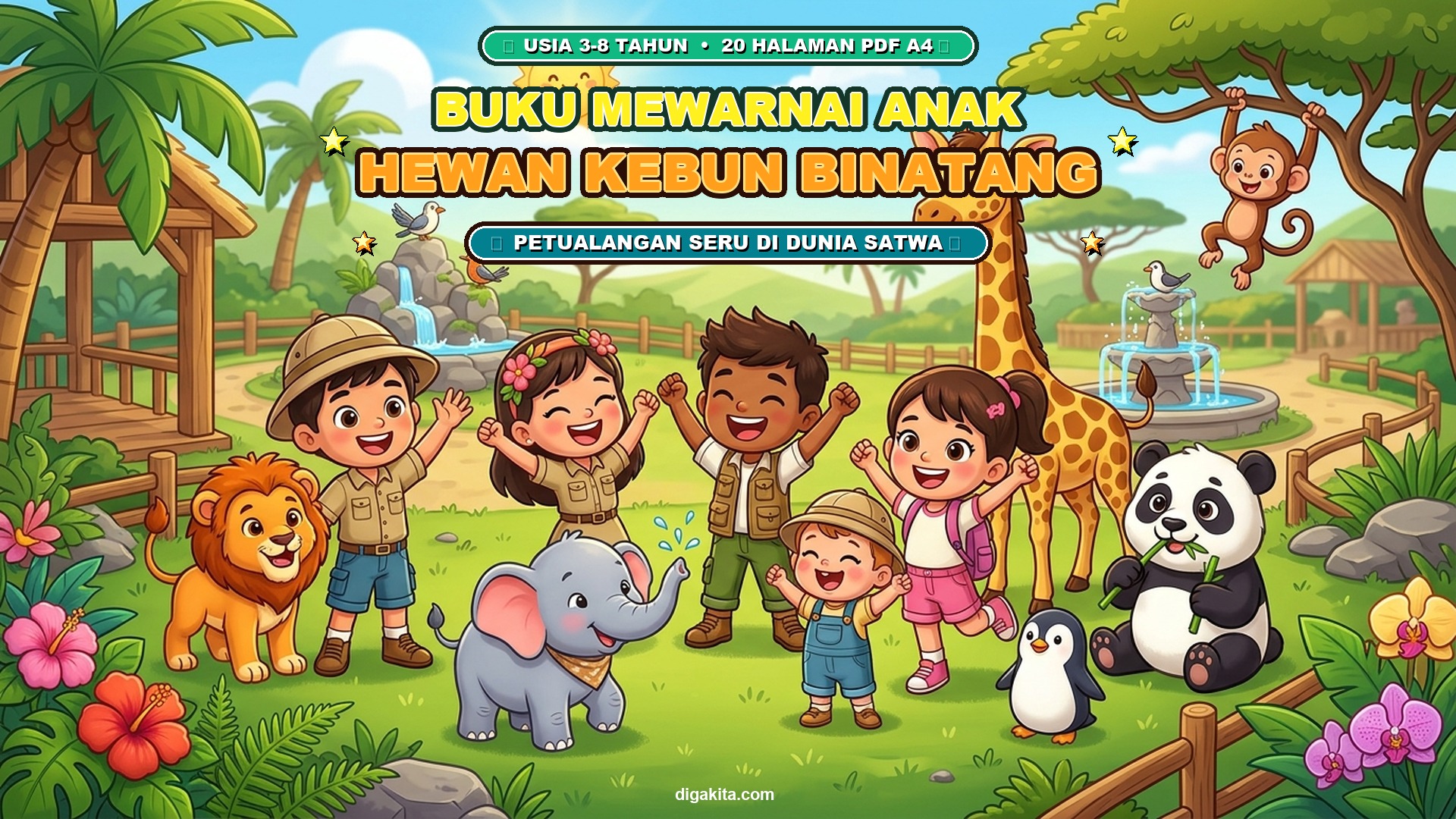 Buku Mewarnai Anak Hewan Kebun Binatang – Petualangan Seru di Dunia Satwa | 20 Halaman PDF A4