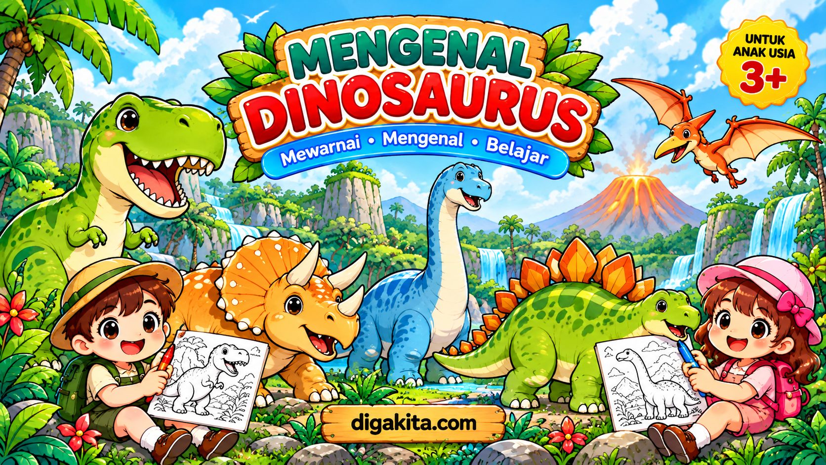 Mengenal Dinosaurus – Buku Mewarnai Anak Usia 4–8 Tahun | 10 Dinosaurus Seru Indonesia & English