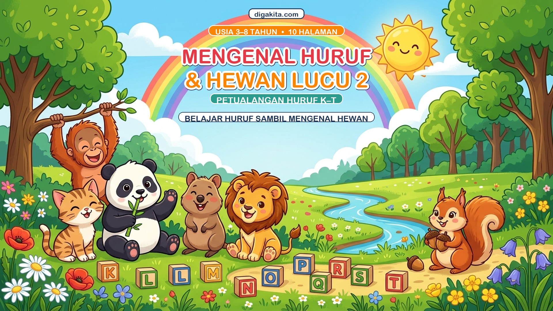 Buku Mewarnai Huruf & Hewan Anak K–T – Belajar Sambil Mewarnai | 10 Halaman PDF